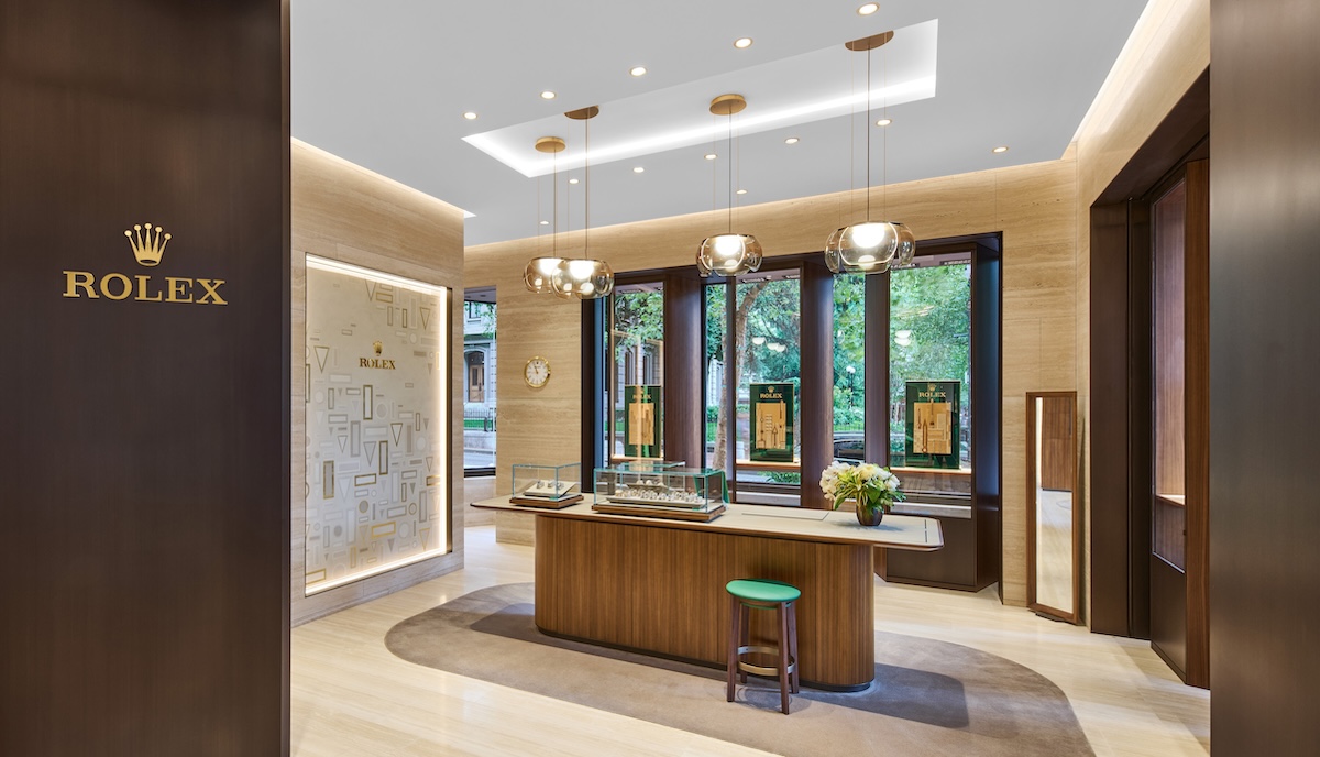 The bright interior of a Ben Bridge Rolex showroom in Portland, featuring modern design in an upscale setting. 